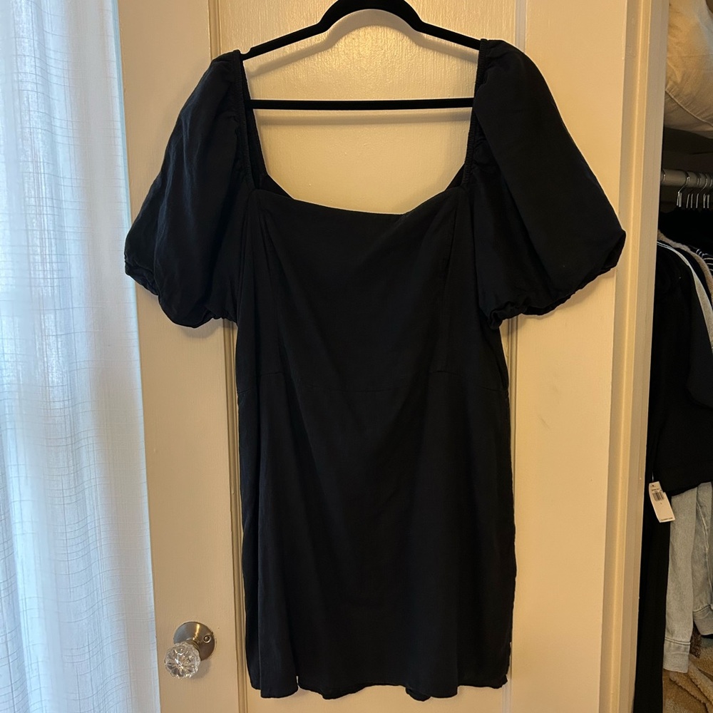 A&F Smocked Black Linen Mini Dress with Bubble Sleeves in Size XL